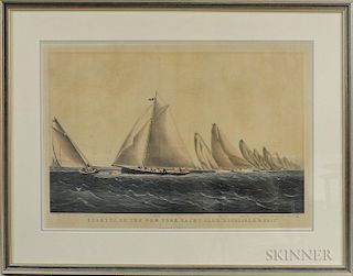 Framed Currier & Ives Hand-colored Engraving Regatta Of The New York Yacht Club "Rounding S.W. Spit," sight size 20 1/2 x 29