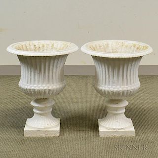 Pair of White-painted Cast Iron Garden Urns, ht. 23, dia. 18 in.
