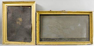 Two Gilt-framed Items, one with eglomise mat, one of a religious scene, (damage), ht. to 30 1/2, wd. to 40 1/2 in.