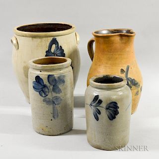 Four Cobalt-decorated Stoneware Vessels, (imperfections), ht. to 13 1/2 in.