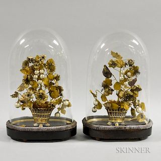 Pair of Cased Fabric, Glass, and Porcelain Floral Arrangements, ht. 15 1/2 in.