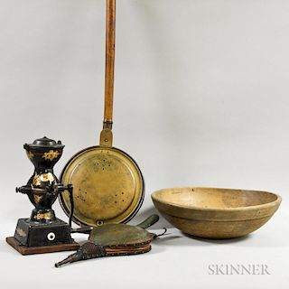 Small Enterprise Iron Coffee Grinder, a Turned Bowl, a Brass Bedwarmer, and a Pair of Bellows. Provenance: Bedwarmer from Cou