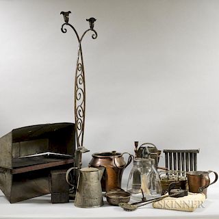 Group of Metal Domestic Items, including a roaster oven, a betty lamp, and a hammered copper chamberstick.