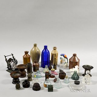 Group of Inkwells and Other Vessels, including two aqua octagonal and two dodecagonal inkwells, and four stoneware bottles.