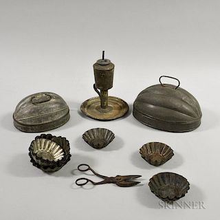Small Group of Tin Items, including food molds, a lamp, and a pair of shears.