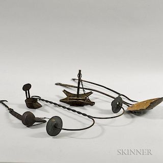 Five Iron Domestic Items, two lamps, a two-light chandelier, a hearth fork, and a skimmer.