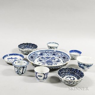 Nine Chinese Blue and White Porcelain Tableware Items and a Cloisonne Vase, ht. to 14 1/4 in.
