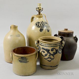 Five Stoneware Items, including a cobalt- and sgraffito-decorated jar, and a small cobalt-decorated crock impressed "G.W. Pri