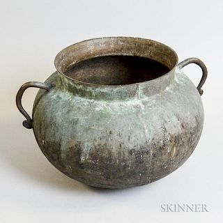 Large Bronze Double-handled Pot, the interior of the rim with stippled pine tree and initials "APN," ht. 10 1/4, wd. 17 in.