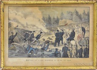 Framed Currier & Ives Engraving Battle of Coal Harbor, (imperfections), ht. 10 3/4, wd. 14 3/4 in.