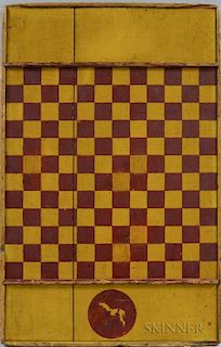Red- and Yellow-painted Double-sided Game Board, both sides with checkered playing surfaces, (imperfections), ht. 30 1/4, wd.