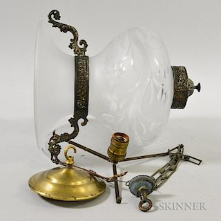 Brass-mounted and Foliate-etched Glass Hanging Lantern.