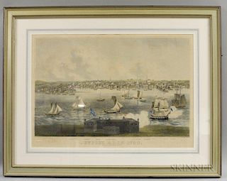 Framed J.H. Bufford's Hand-colored Lithograph Newport, R.I. In 1730, sight size 20 x 30 in.