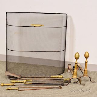 Group of Fireplace Accessories, a wire firescreen, a pair of lemon-top andirons, a shovel, three pairs of tongs, and a poker.