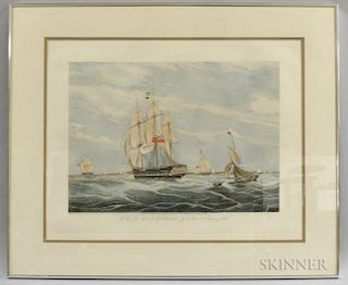 Framed W.J. Huggins Hand-colored Engraving H.C.S. Macqueen of the Start, 26th January 1832, plate size 17 1/2 x 22 3/4 in.