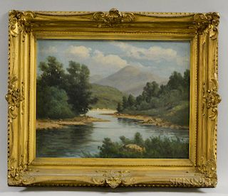C. Myron Clark (Massachusetts, 1858-1925)  River Scene with Mountains. Signed and dated "C Myron Clark '07" l.l. Oil on canva