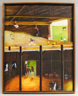 Captain Leonard Branneman (American, 20th Century)  Barn Scene with Children. Signed and dated "Capt. B. 75" l.l. Oil on canv