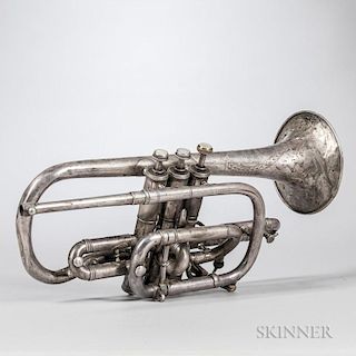 American Cornet, John Heald, Springfield, c. 1900, serial no. 2364, the bell engraved with foliate motif and birds, with late
