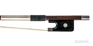 English Silver-mounted Violoncello Bow, the round stick stamped HILL, weight 76 grams.