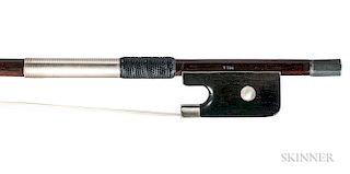 English Silver-mounted Violoncello Bow, the round stick stamped HILL, weight 75.3 grams.