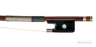 Nickel-mounted Violoncello Bow, the round stick stamped MADE IN FRANCE, weight 72.7 grams.