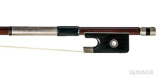 Nickel-mounted Violoncello Bow, the round stick stamped FRANCE, weight 72.2 grams.