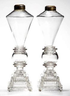 FREE-BLOWN AND PRESSED PAIR OF WHALE OIL STAND LAMPS