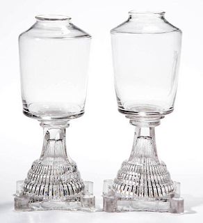 FREE-BLOWN AND PRESSED WHALE OIL STAND LAMPS, NEAR PAIR