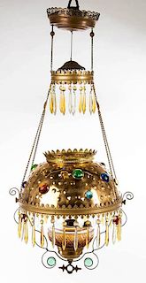 VICTORIAN JEWELED BRASS AND METAL FRAME HANGING LIBRARY LAMP