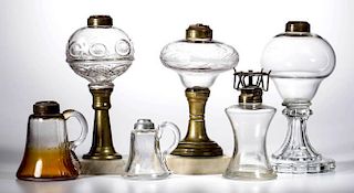 ASSORTED FREE-BLOWN AND PRESSED STAND AND FINGER LAMPS, LOT OF SIX