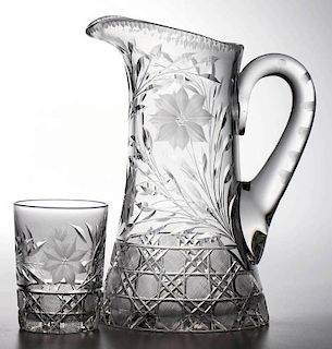 CUT AND ENGRAVED GLASS ASSEMBLED SEVEN-PIECE WATER SET