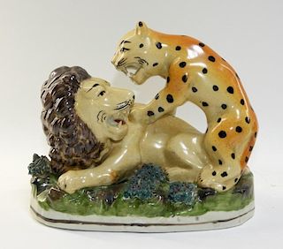 RARE Staffordshire Pearlware Lion & Leopard Group