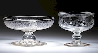 FREE-BLOWN AND ENGRAVED FOOTED BOWLS, LOT OF TWO