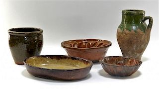 5 Piece Redware Earthenware Pottery Grouping