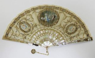 FABULOUS French Mother of Pearl Hand Painted Fan