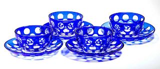 CUT OVERLAY PUNTY FINGER BOWLS WITH UNDERTRAYS, FOUR SETS