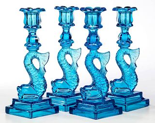 PRESSED DOLPHIN DOUBLE-STEP CANDLESTICKS, SET OF FOUR MATCHING