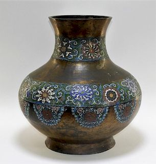 LARGE 19C. Chinese Champleve Globular Bronze Vase