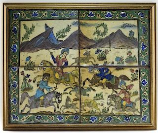 18C. Persian Pictorial Hunting Glazed Pottery Tile