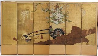 LARGE 19C. Japanese Gilt Wood Folding Screen