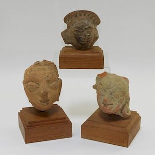 3 Indian Carved Red Pink Sandstone Head Fragments