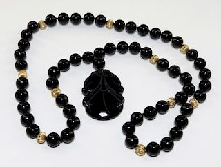 Chinese Obsidian Peach Amulet 14K Gold Necklace