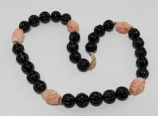 Chinese Obsidian & Coral 14K Gold Necklace