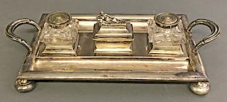 Large Silverplate Inkstand with Crystal Inkwells