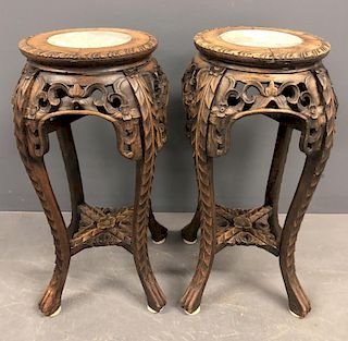 Pair of Asian Wooden Carved Marble Top Stands