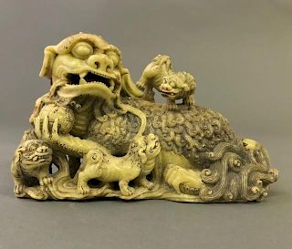 Chinese Steatite Carved Buddhistic Lion with Cubs