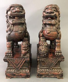 Pair of Wood Carved Seated Foo Dogs