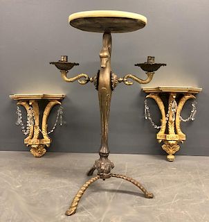 Brass Onyx Top Swan Table & Giltwood Sconces