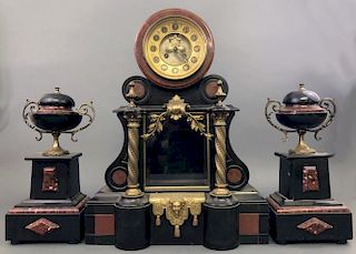 French Onyx Clock Garniture Set