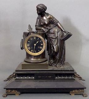 French Bronze & Onyx Clock with Classical Figure